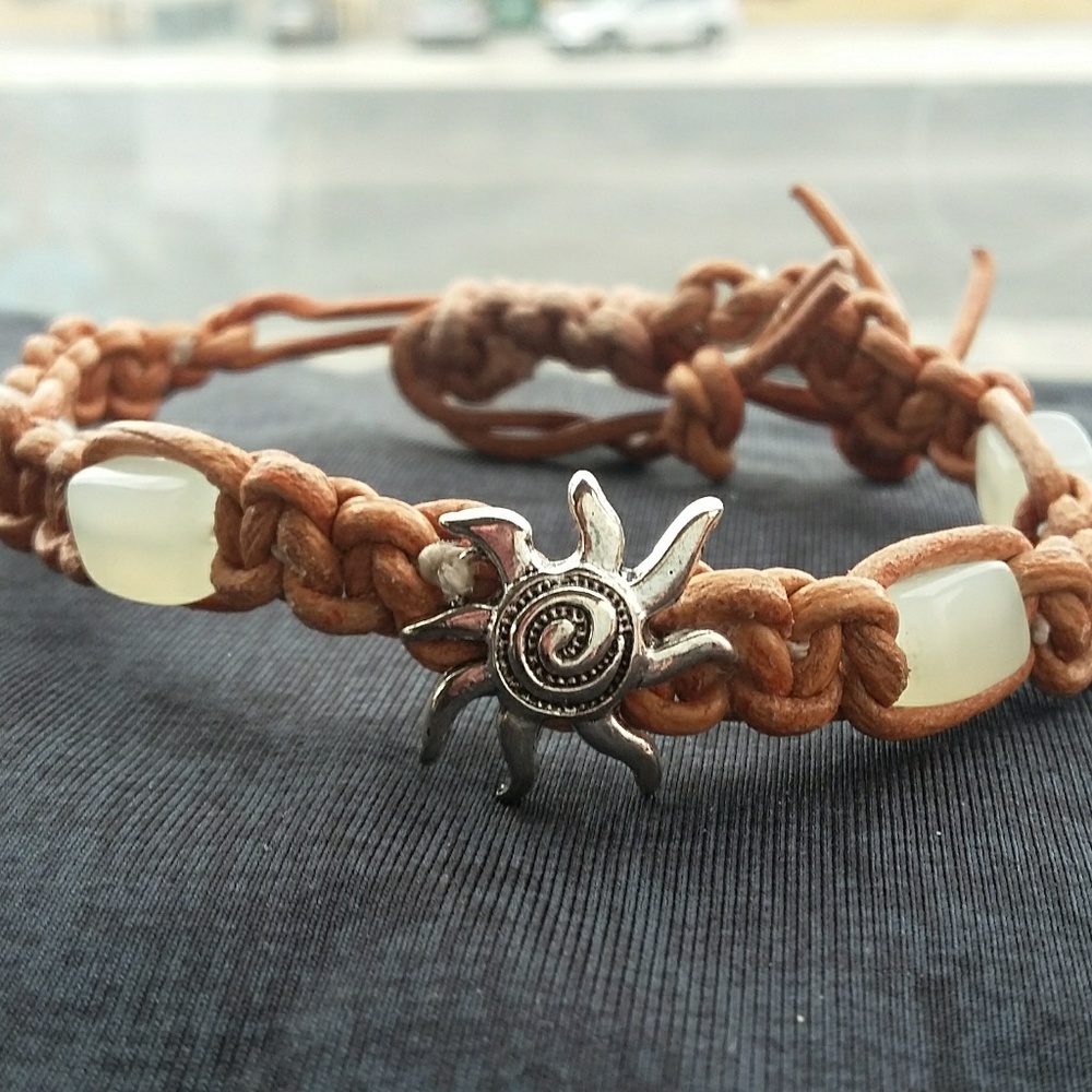 Handcrafted leather and jade bracelet